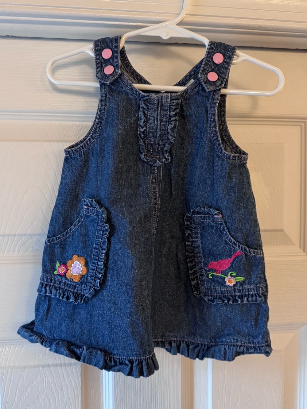 HANNA ANDERSSON BABY DENIUM JUMPER DRESS SIZE 70 FLOWERS BIRDS